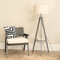 ValueLights Morrigan Grey Wood Tripod Floor Lamp with Linen White Trim Drum Shade in Natural