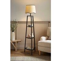 ValueLights Hiru Black 3 Tier Wooden Shelf Floor Lamp with Scallop Edge Shade