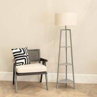 ValueLights Hiru Grey 3 Tier Wood Shelf Floor Lamp with Trimmed Linen Drum Shade in White