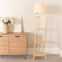 ValueLights Hiru Natural 3 Tier Wooden Shelf Floor Lamp with Scallop Edge Shade in White