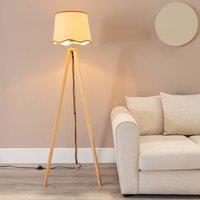 ValueLights Barbro Light Wood Tripod Floor Lamp with Natural Linen Scallop Edge Shade in Burnt Orange