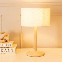 ValueLights Triston Natural Light Wood Stem Table Lamp with Linen Trim Lamp Shade and Bulb in White