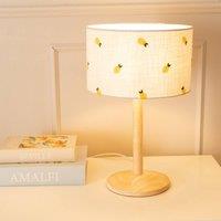 ValueLights Triston Natural Light Wood Stem Table Lamp with Lemon Embroidered Shade & Bulb