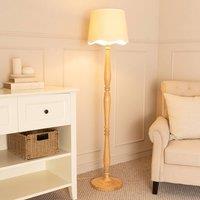ValueLights Victoria Light Wood Floor Lamp with Linen Scallop Trim Tapered Shade & Bulb in White