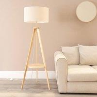 ValueLights Morrigan Natural Wood Tripod Floor Lamp and Linen Trim Shade and Bulb in White