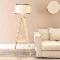 ValueLights Morrigan Natural Wood Tripod Floor Lamp and Linen Trim Shade and Bulb in Black