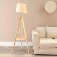 ValueLights Morrigan Natural Wood Tripod Floor Lamp Scallop Tapered Shade and Bulb in White