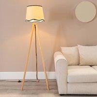 ValueLights Barbro Light Wood Tripod Floor Lamp with Linen Scallop Edge Shade and LED Bulb in Black