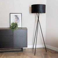 ValueLights Camden Black Tripod Floor Lamp with Black Velvet & Gold Shade & Bulb