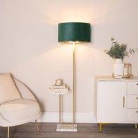 ValueLights Tavel Gold Floor Lamp with Table and Velvet Drum with Gold Inner Lamp Shade in Bottle Green