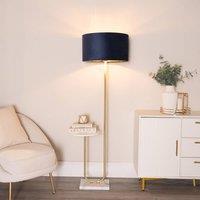 ValueLights Tavel Gold Floor Lamp with Table and Velvet Drum & Gold Inner Lamp Shade & Bulb in Dark Navy