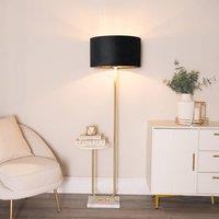 ValueLights Tavel Gold Floor Lamp with Table and Velvet Drum & Gold Inner Lamp Shade & Bulb in Black