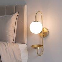 ValueLights Milo Frosted Glass Globe Shade Curved Wall Light with Shelf and LED Bulb in Gold