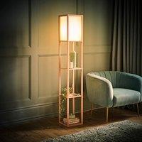 ValueLights Struttura Pastel Wooden Shelving Floor Lamp with Fabric Shade and Bulb in Baby Pink