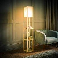 ValueLights Struttura Pastel Wooden Shelving Floor Lamp with Fabric Shade and Bulb in Yellow