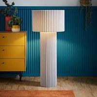 ValueLights Lenny Drum Shade Colour Drench Ribbed Fabric Midi Floor Lamp with Bulb in Stone
