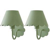 ValueLights Hattie Pair of Rechargeable Metal Scalloped Edge Wall Lights in Pale Green