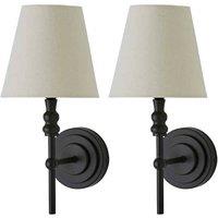 ValueLights Maggie Pair of Candlestick Wall Lights with Linen Tapered Lamp Shades in Black