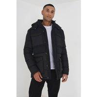 Brave Soul Men Mixed Fabric Hooded Puffer Parka Jacket in Black | Size: Medium