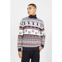 Brave Soul Men Roll Neck Fairisle Christmas Jumper in Navy | Size: 2X-large