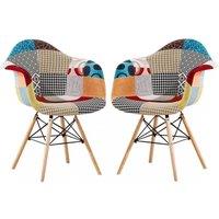 Life Interiors Set of 2 Colorful Patchwork Tub Accent Chairs, Wooden Legs & Metal Wire Frame, Mid-Century Modern Dining Chair