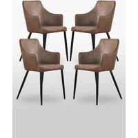 Life Interiors Set of 4 Zarah Modern Faux Leather Dining Chairs with Armrests and Black Metal Legs, Comfortable Accent Chair in Brown