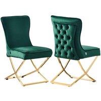 Life Interiors Set of 2 Trafalgar Velvet Dining Chairs with Gold Crossed Legs - Modern Upholstered Accent Chair in Green