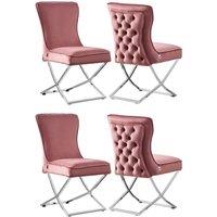 Life Interiors Set of 4 Trafalgar Velvet Dining Chairs with Gold Crossed Legs - Modern Upholstered Accent Chair in Dark Pink