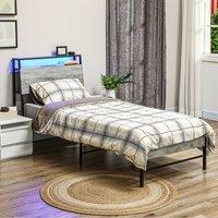 HOMCOM LED Double Bed Frame with Charging Station, 135 x 190cm, Cement Grey