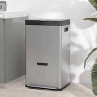 HOMCOM 3 Compartment Kitchen Bin, 56L Stainless Steel Pedal Bin with Wheels in Silver