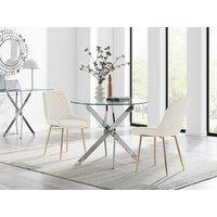 FurnitureboxUK Novara 100cm Round Dining Table and 2 Pesaro Gold Leg Chairs in Cream