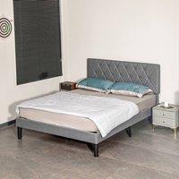 HOMCOM Linen Bed Frame with 5-Level Headboard, Wooden Slats Mattress Foundation in Grey | Size: Double