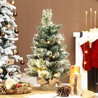 HOMCOM 60 cm Prelit Mini Tabletop Christmas Tree, Snow Flocked Xmas Tree in Green | Size: 2ft