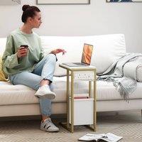 HOMCOM C Shaped Side Table, Faux Marble Bedside Table with Charging Station in White