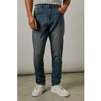Mens Vintage Wash Stretch Slim Fit Jeans - Dark Blue - 36R