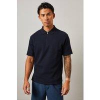 Mens Navy Textured Zip Neck Polo Shirt - M