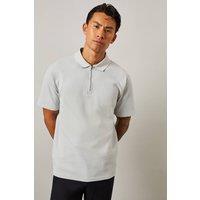 Mens Light Grey Twill Textured Zip Neck Polo Shirt - M