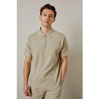 Mens Sage Seersucker Zip Neck Polo Shirt - M