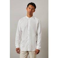 Mens White Linen Blend Grandad Collar Shirt - Xl