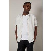 Mens White Textured Stripe Short Sleeve Revere Collar Shirt - M