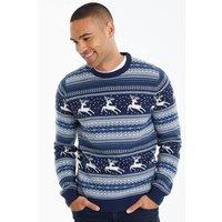 Threadbare Men 'Caribou' Crew Neck Fairisle Christmas Jumper in Navy | Size: Small