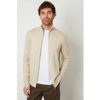 Threadbare Men 'Wynnstay' Zip-Through Funnel Neck Knitted Cardigan in Light Beige | Size: large