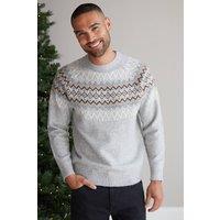 Threadbare Men 'Silentnight' Raglan Sleeve Fairisle Christmas Jumper in Light Grey | Size: 2X-large