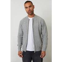 Threadbare Men Bomber-Style Cable Knit Zip Through Cardigan in Grey | Size: X-Large