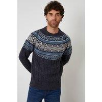 Threadbare Men Cable Knit Fairisle Crew Neck Christmas Jumper in Navy | Size: Small