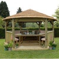 15'x13' (4.7x4m) Luxury Wooden Furnished Garden Gazebo with Thatched Roof - Seats up to 19 people