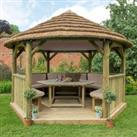 13'x12' (4x3.5m) Luxury Wooden Furnished Garden Gazebo with Country Thatch Roof - Seats up to 15 peo
