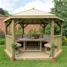 13'x12' (4x3.5m) Luxury Wooden Furnished Garden Gazebo with Traditional Timber Roof - Seats up to 15