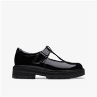 Clarks Girls Prague Brill Kid Black Patent T Bar Shoes Patent School