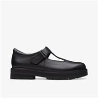 Clarks Girls Prague Brill Youth Black Leather T Bar Shoes Leather School